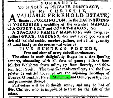 Sale of Pocklington Manor in 1787